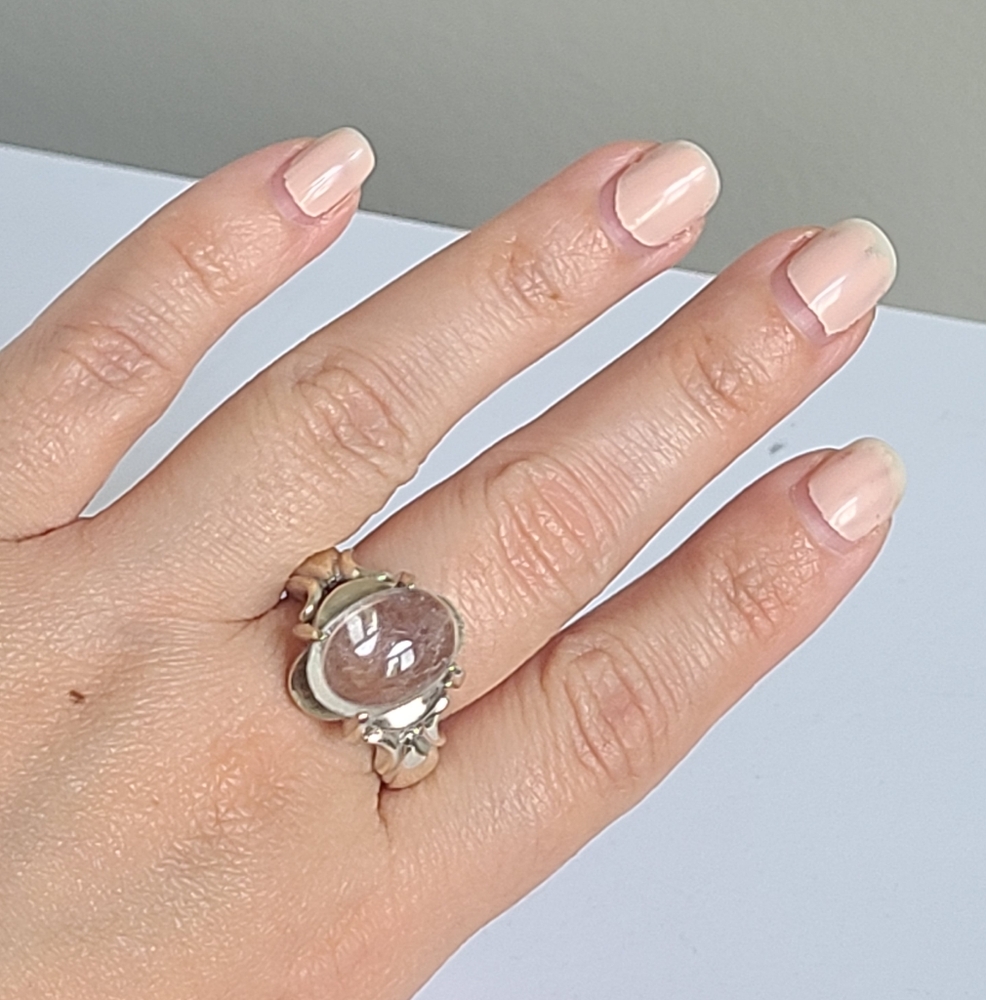 Vintage Victorian Boho Clear Quartz Cabochon Sterling Silver Cocktail Ring - Picture 4 of 13